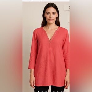 Eileen Fisher Coral Embellished V-Neck  LinenTunic 2x